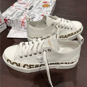 Dolce & Gabbana White and Gold Logo Portofino Sneakers